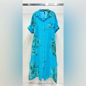 (5-42-MAGNOLIA-TUR) BUTTON DOWN LONG MAGNOLIA FLOWERS LINEN DRESS